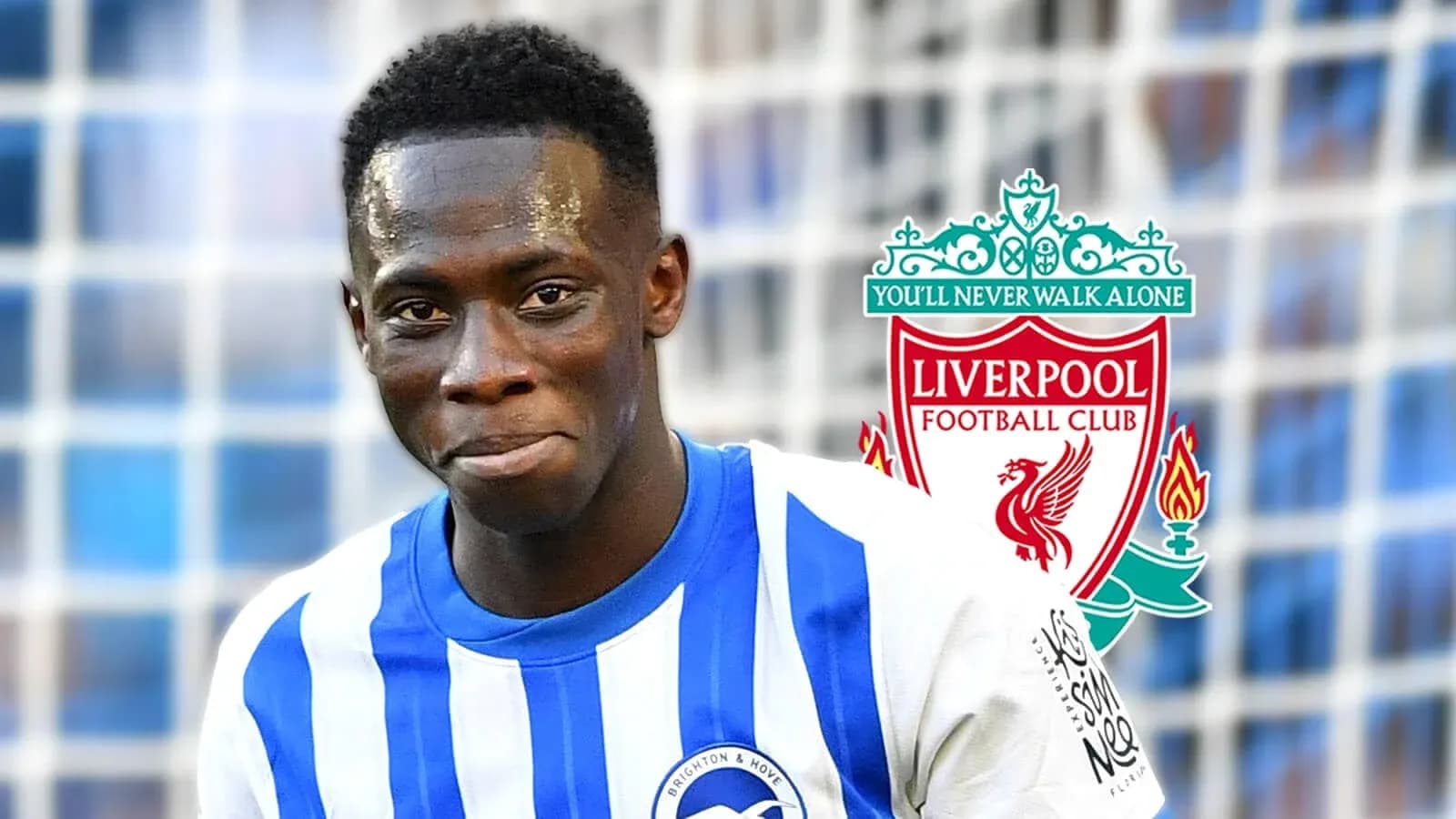 Player in Brighton jersey with Liverpool logo background Player in Brighton jersey with Liverpool logo background