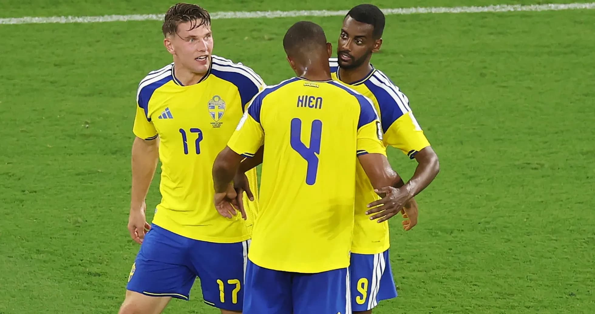 Sweden players celebrating during a football match Sweden players celebrating during a football match
