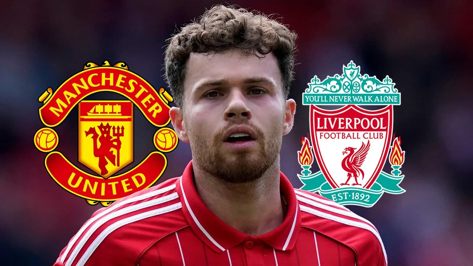 Player in red kit with Manchester United and Liverpool logos Player in red kit with Manchester United and Liverpool logos