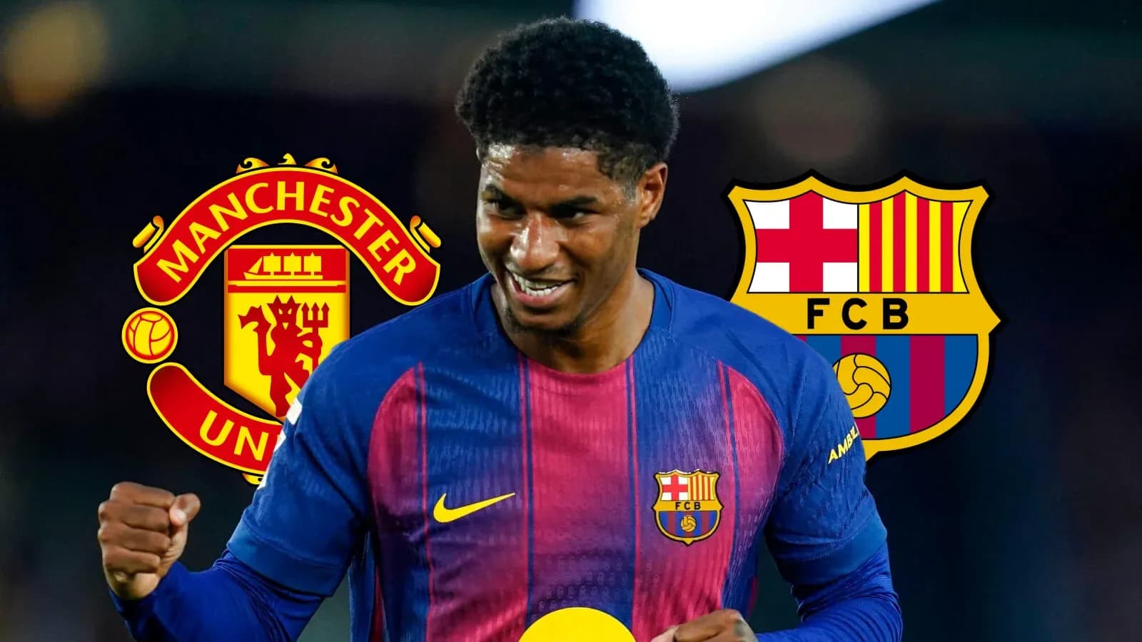 Player celebrating in Barcelona jersey with logos Player celebrating in Barcelona jersey with logos