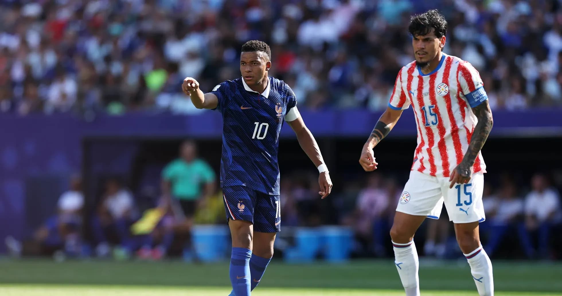 Mbappe directing play against Paraguay Mbappe directing play against Paraguay