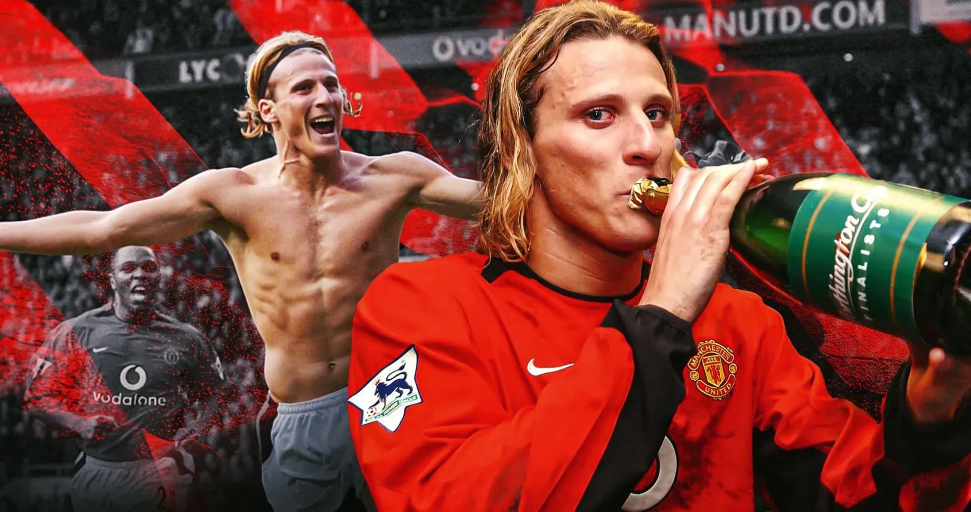 Football player celebrating with champagne after match Football player celebrating with champagne after match