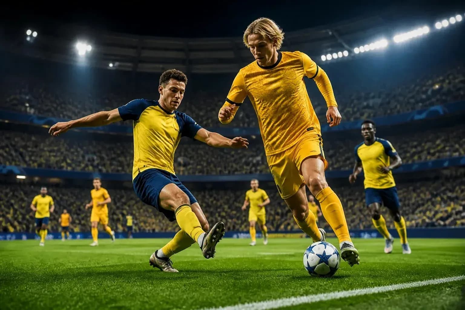 Players competing for the ball in UEFA match Players competing for the ball in UEFA match