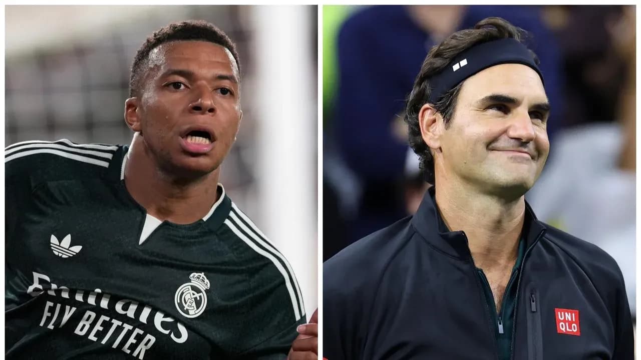 Kylian Mbappé playing football; Roger Federer smiling Kylian Mbappé playing football; Roger Federer smiling