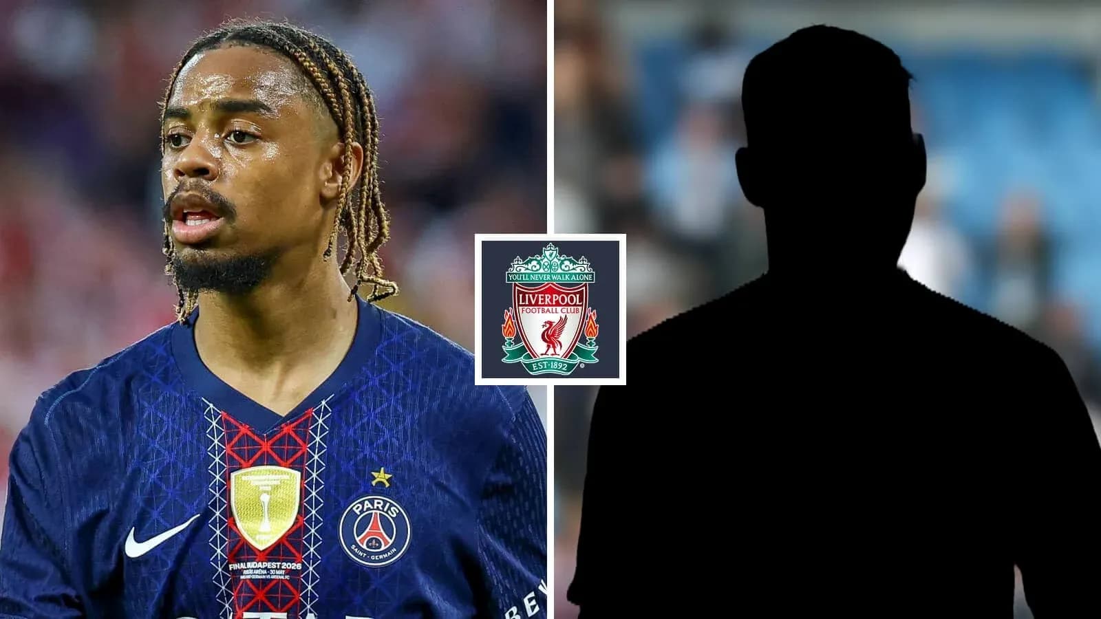 Player in PSG jersey with Liverpool logo backdrop Player in PSG jersey with Liverpool logo backdrop