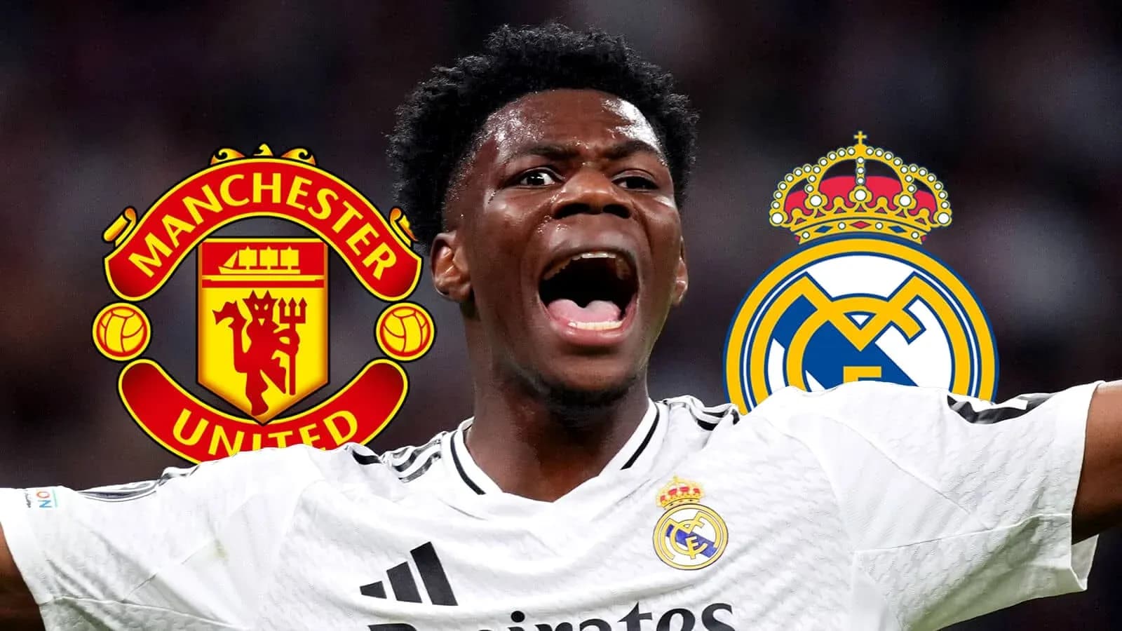 Player celebrating with club logos of Manchester United and Real Madrid Player celebrating with club logos of Manchester United and Real Madrid