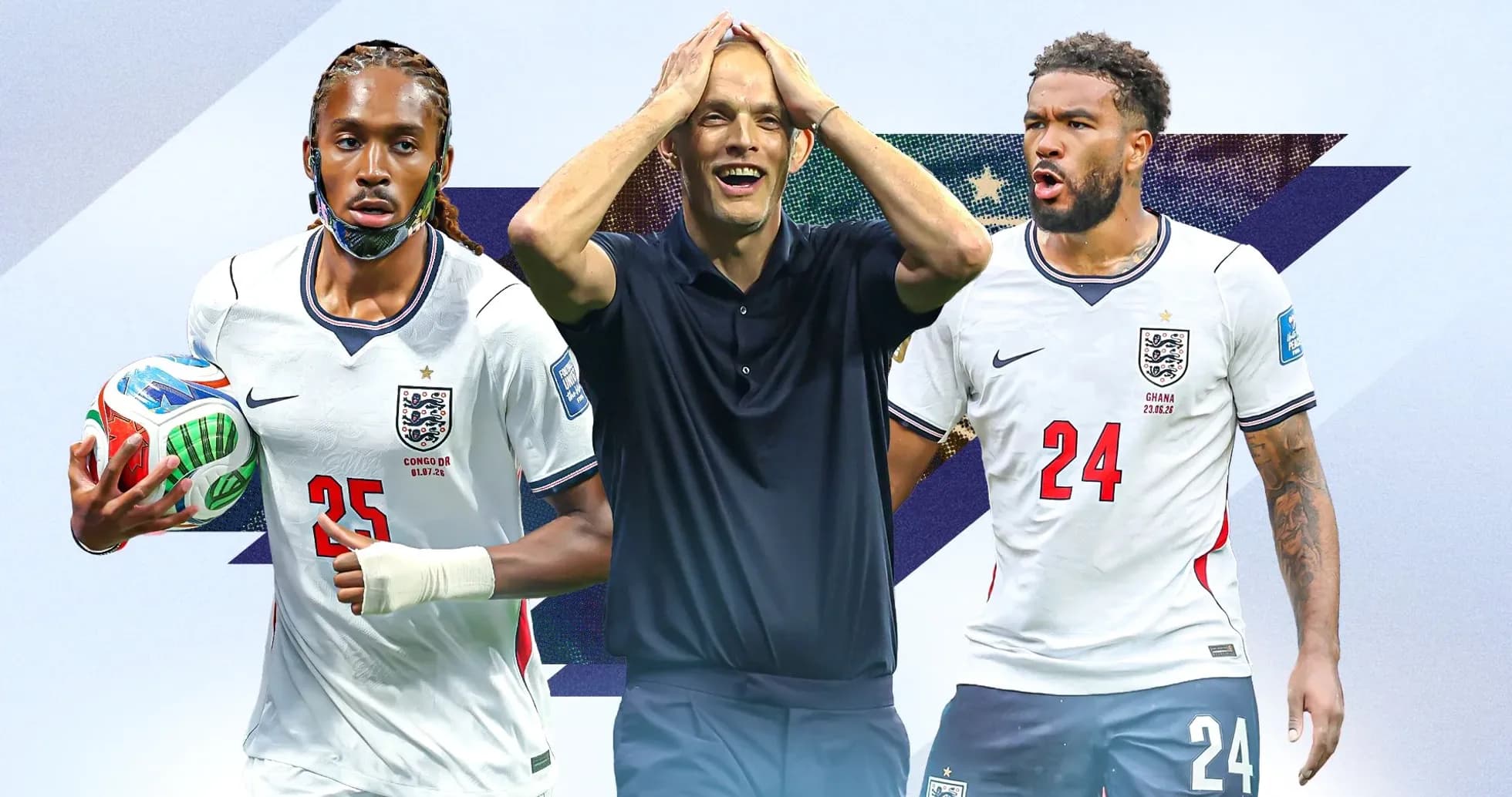 Three soccer players in England kits posing together Three soccer players in England kits posing together