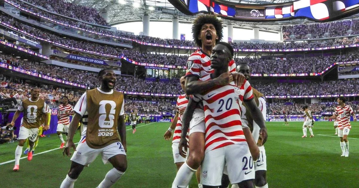 Players celebrating a goal during FIFA World Cup match Players celebrating a goal during FIFA World Cup match