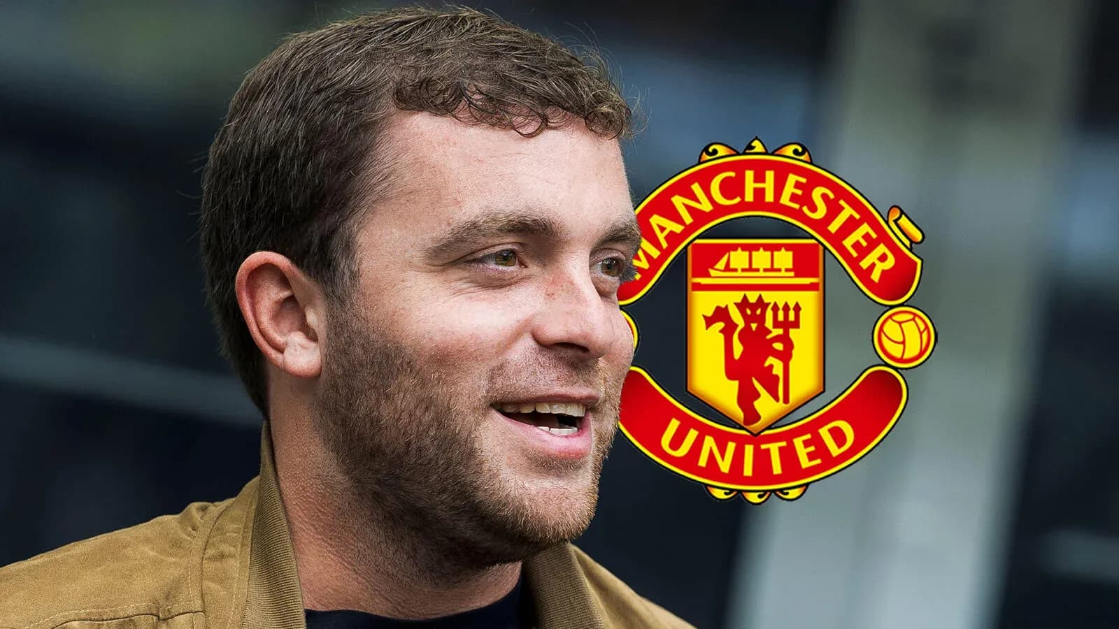 Person smiling with Manchester United logo background Person smiling with Manchester United logo background