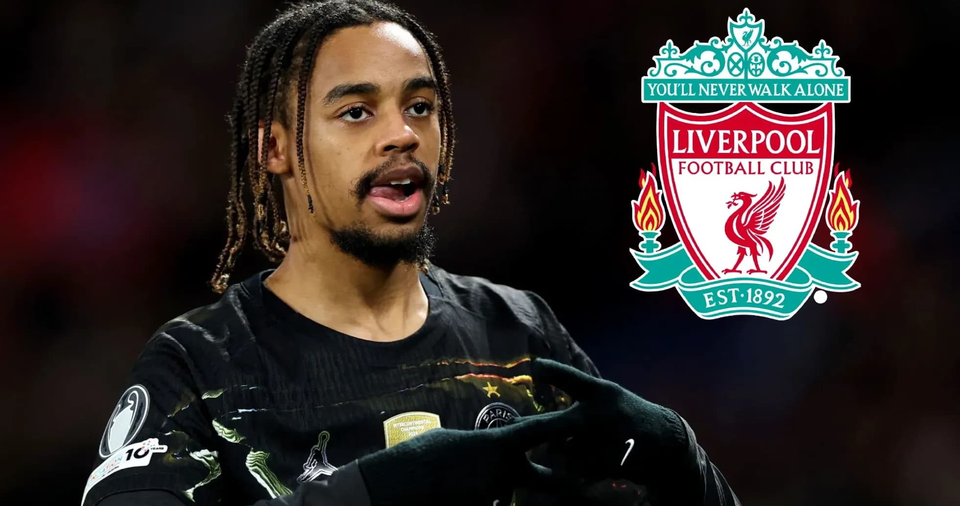 Player gesturing during match with Liverpool logo background Player gesturing during match with Liverpool logo background
