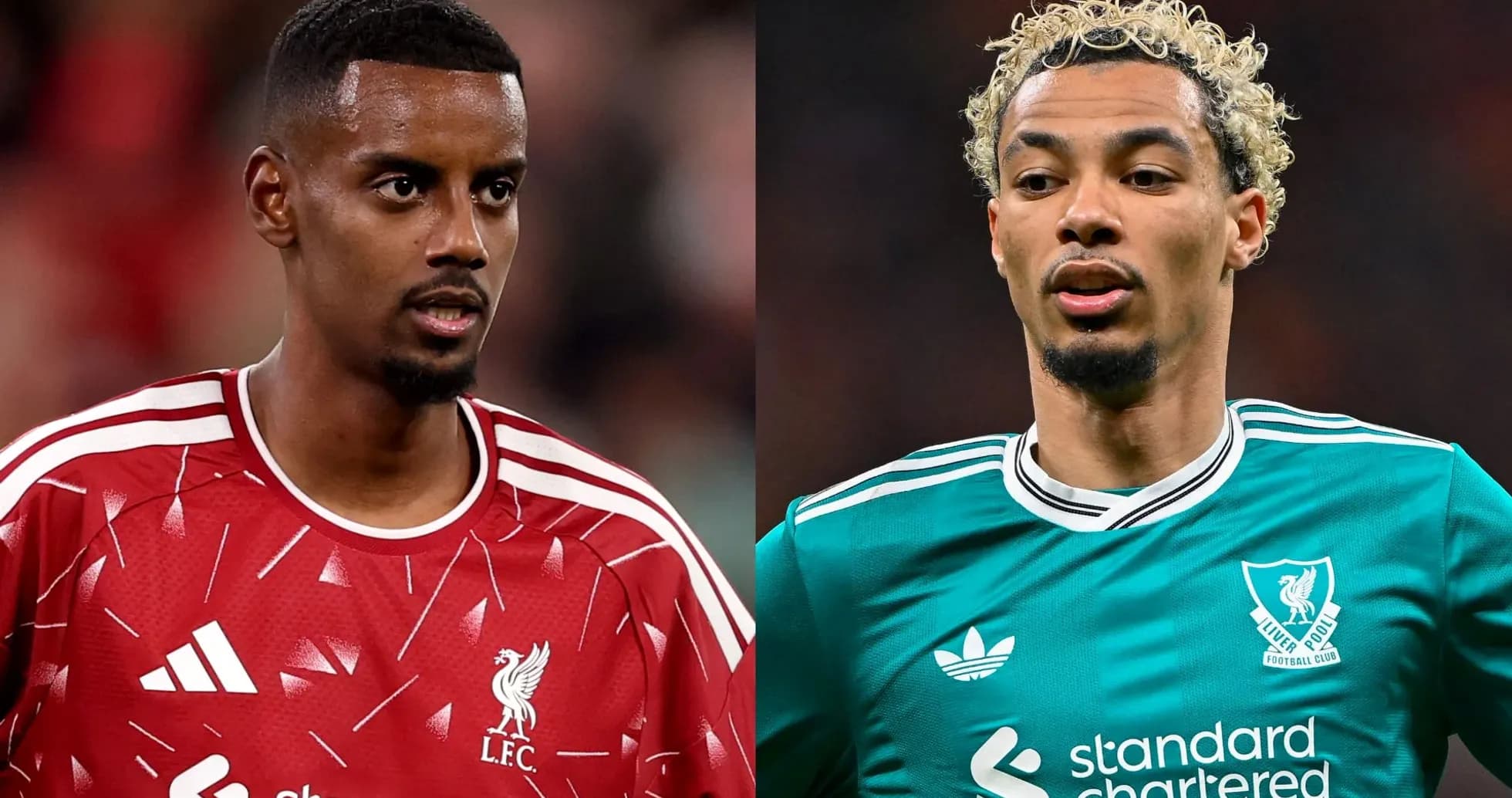 Two Liverpool players in team jerseys during match Two Liverpool players in team jerseys during match