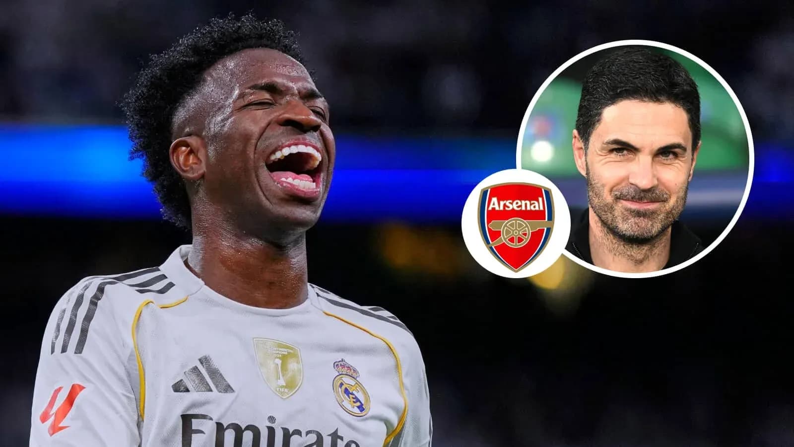 Vinicius Jr celebrating with Arsenal logo and Mikel Arteta Vinicius Jr celebrating with Arsenal logo and Mikel Arteta