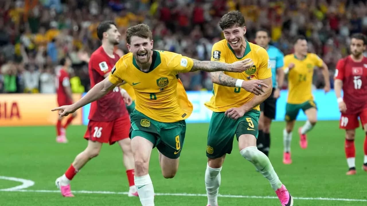 Australian players celebrating a goal during match Australian players celebrating a goal during match