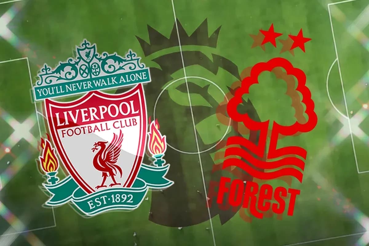 Logos of Liverpool and Nottingham Forest on pitch Logos of Liverpool and Nottingham Forest on pitch