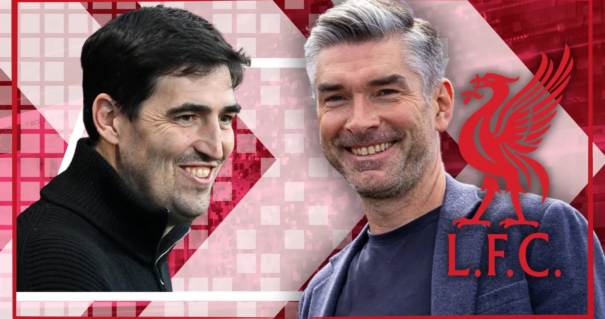 Two football coaches smiling against a red background Two football coaches smiling against a red background