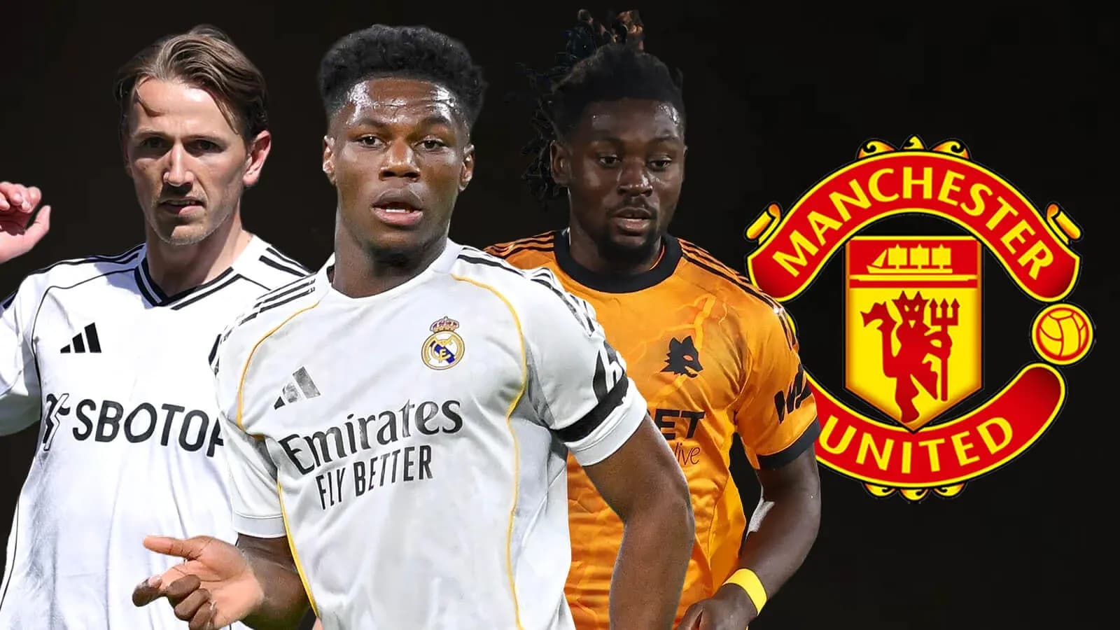 Three football players with Manchester United logo Three football players with Manchester United logo