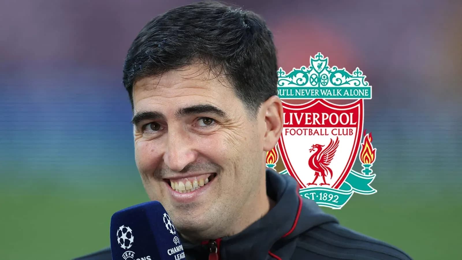 Person speaking into microphone with Liverpool logo background Person speaking into microphone with Liverpool logo background