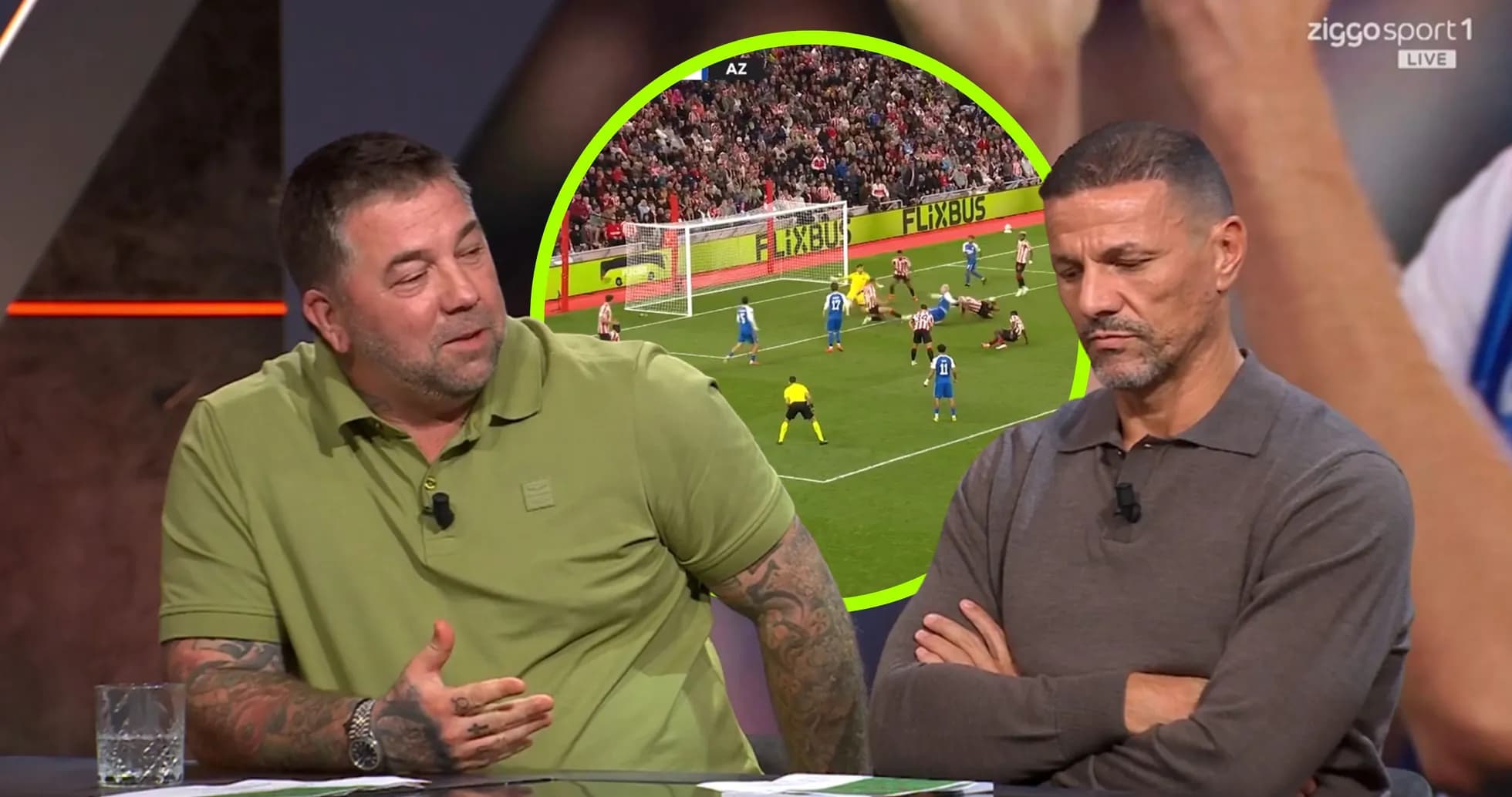 Two analysts discussing football match highlights on set Two analysts discussing football match highlights on set