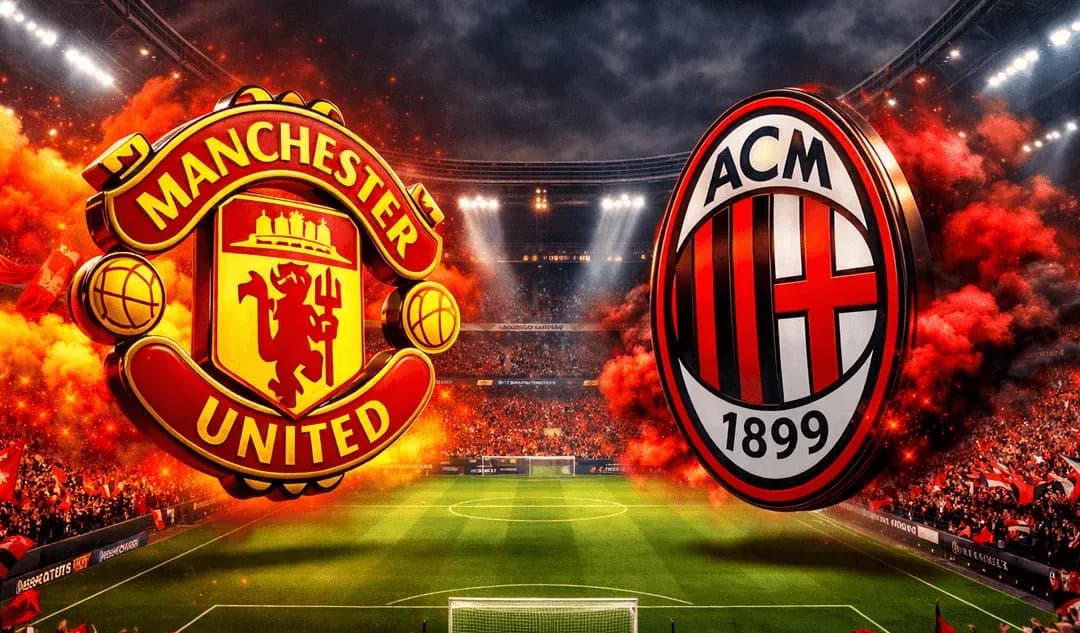 Logos of Manchester United and AC Milan on stadium backdrop Logos of Manchester United and AC Milan on stadium backdrop