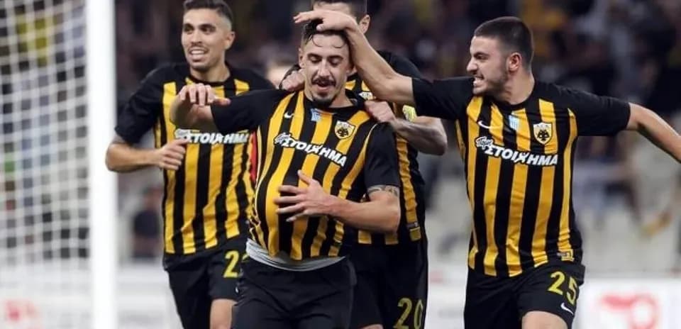 AEK players celebrating a goal in match AEK players celebrating a goal in match