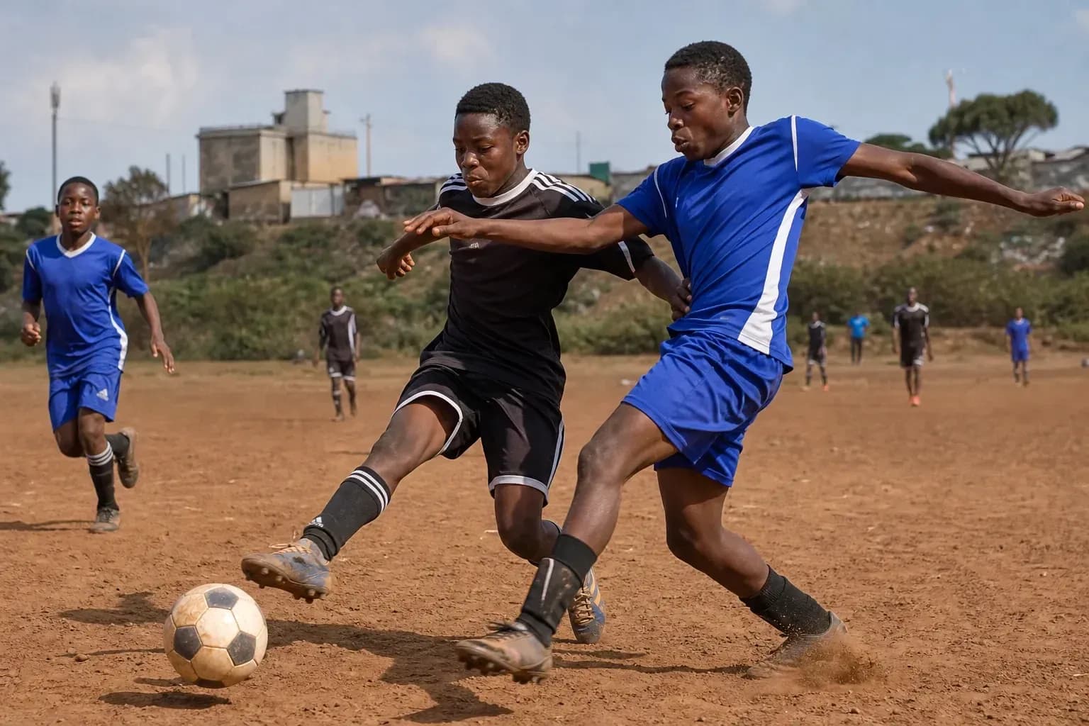 Two players competing for the ball on dusty pitch Two players competing for the ball on dusty pitch