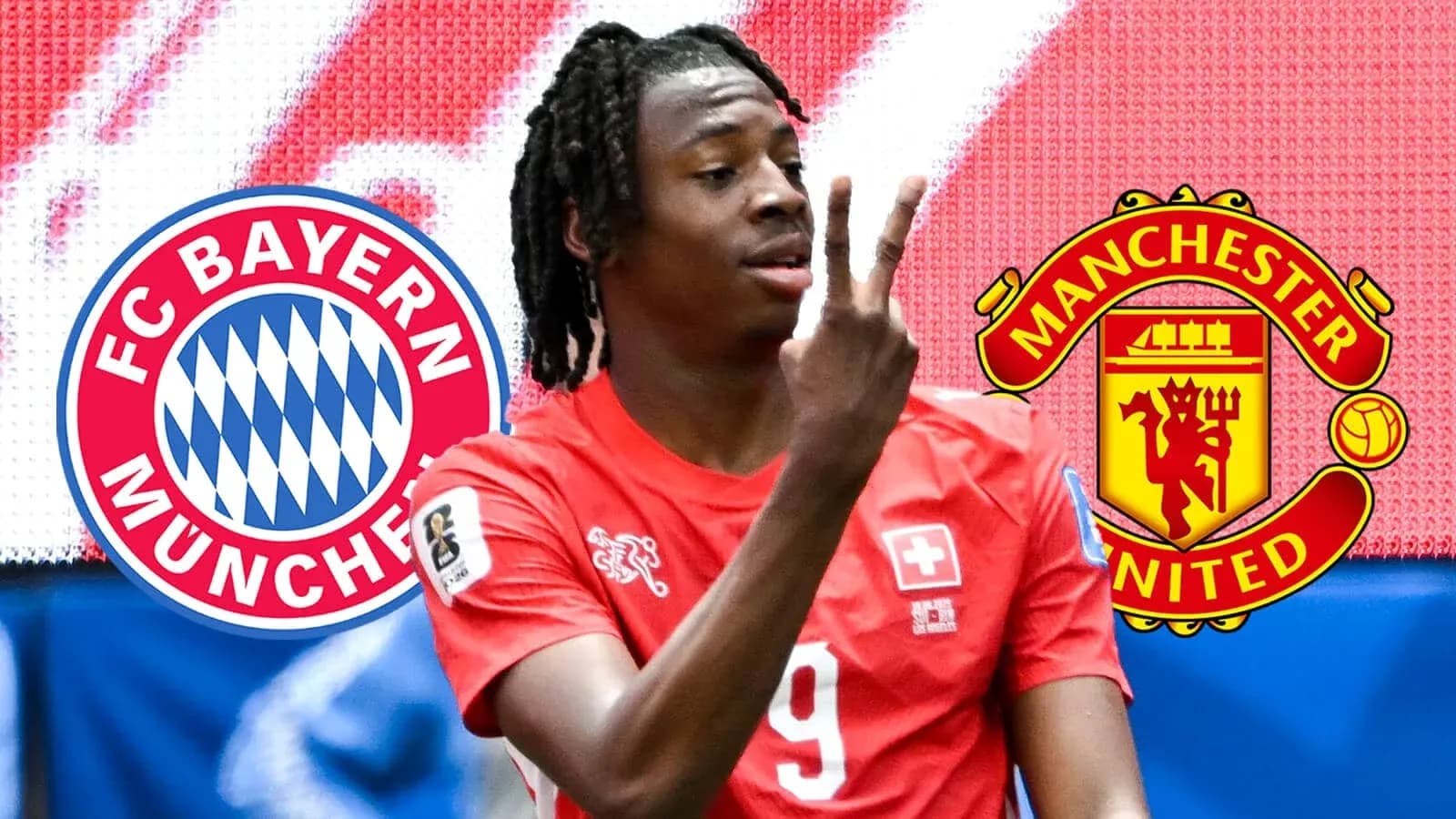 Player celebrating with Bayern Munich and Manchester United logos Player celebrating with Bayern Munich and Manchester United logos