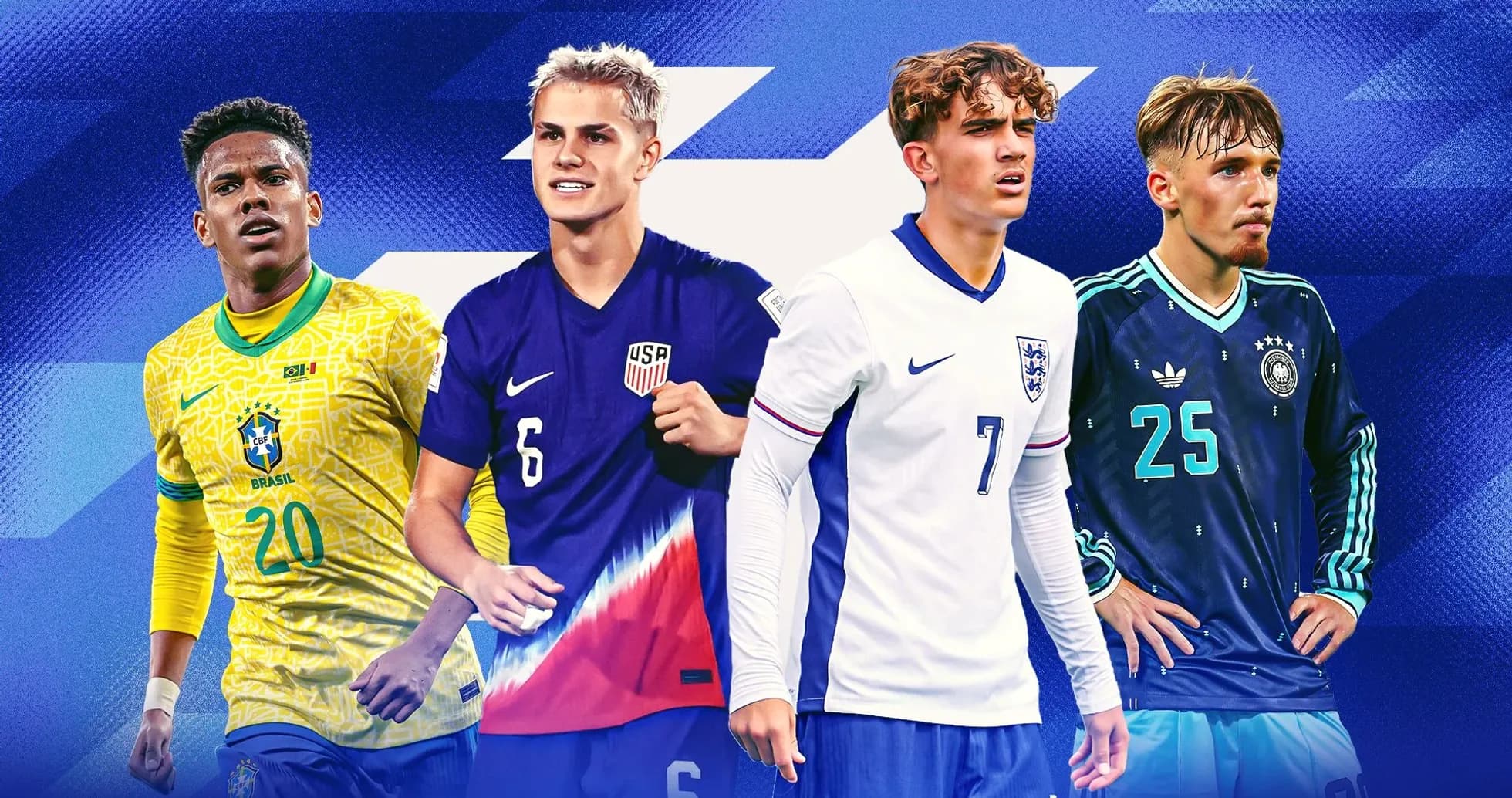 Four young football players in national team jerseys Four young football players in national team jerseys