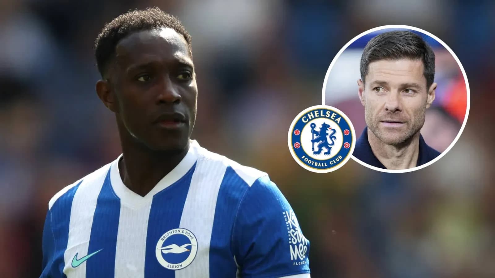 Brighton player in action with Chelsea logo and coach Brighton player in action with Chelsea logo and coach