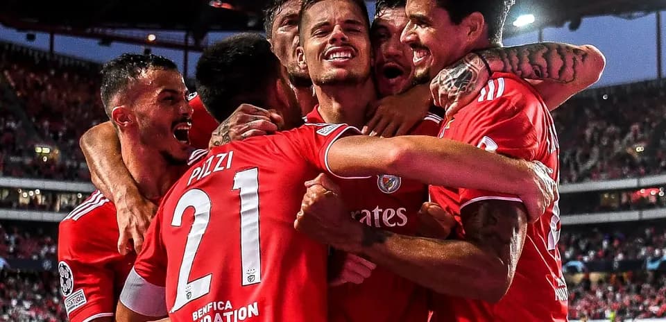 Benfica players celebrating a goal during match Benfica players celebrating a goal during match