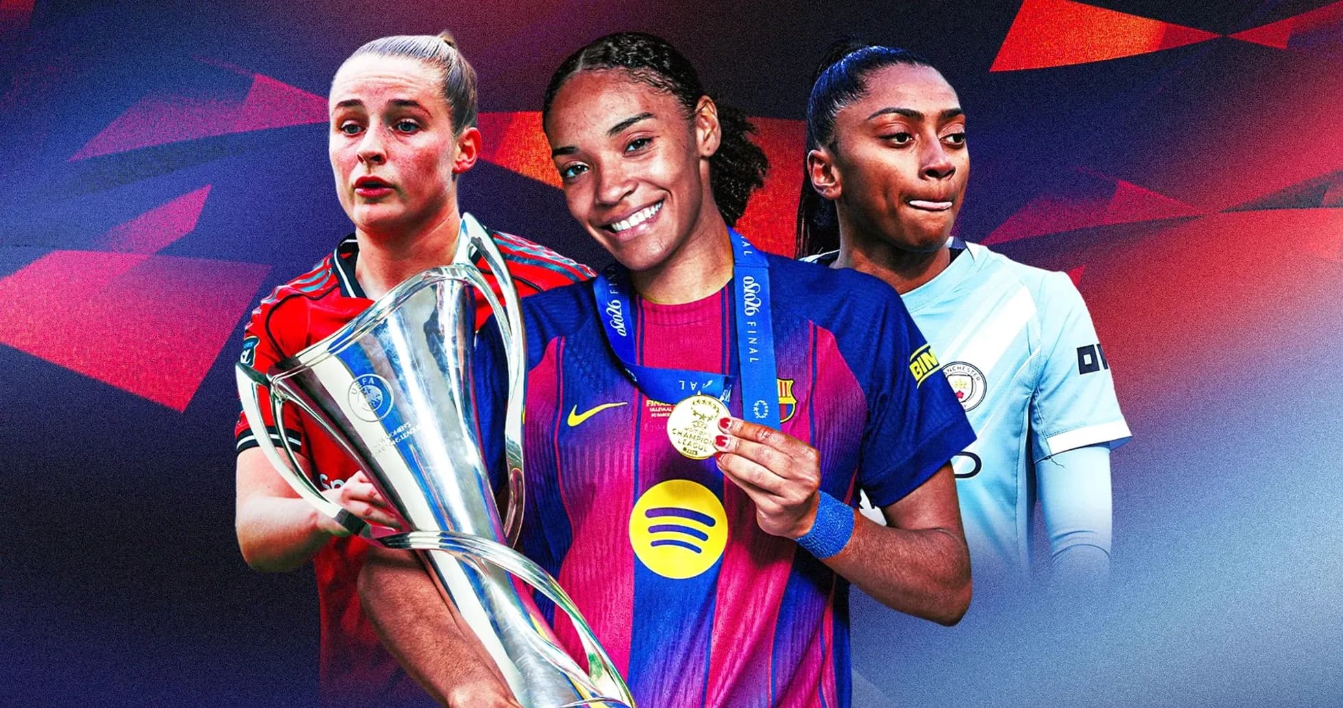 Three female football players with trophy and medal Three female football players with trophy and medal