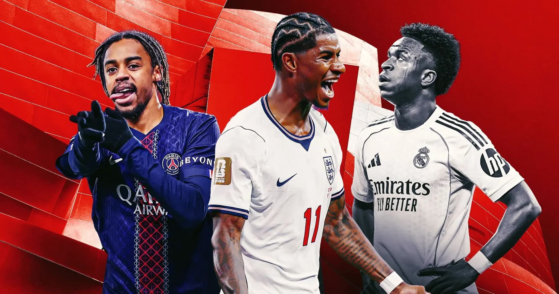 Three soccer players in team jerseys on red background Three soccer players in team jerseys on red background