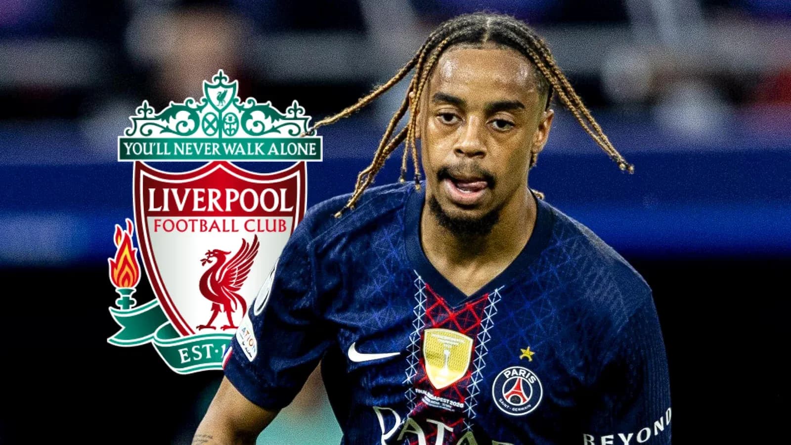 Player in PSG kit with Liverpool logo background Player in PSG kit with Liverpool logo background