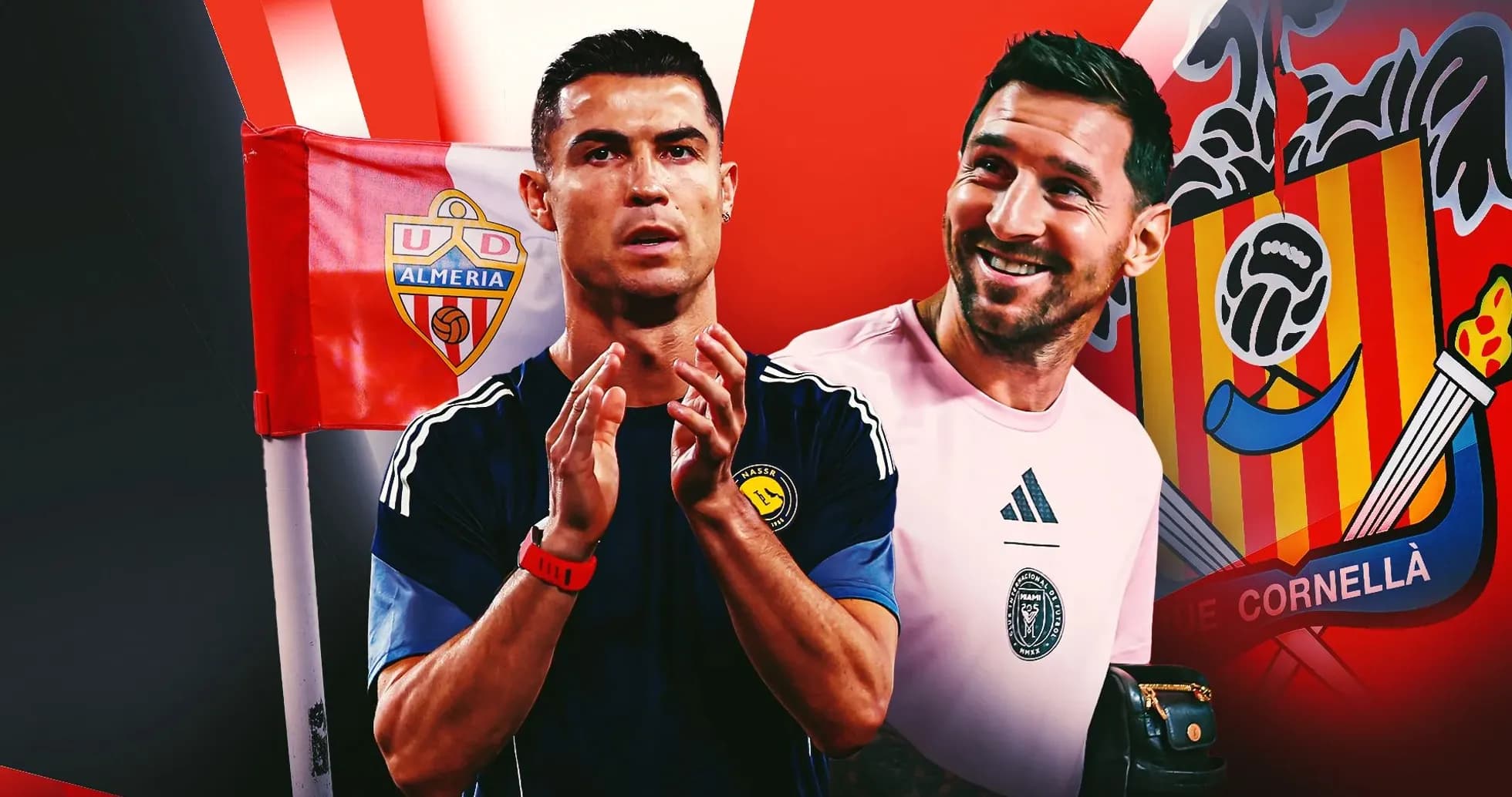 Cristiano Ronaldo and goalkeeper smiling in front of team logos Cristiano Ronaldo and goalkeeper smiling in front of team logos