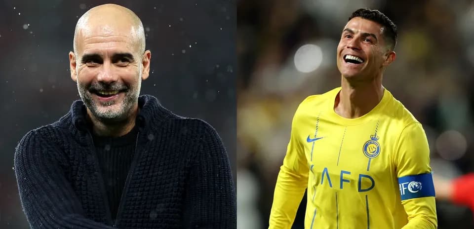 Pep Guardiola smiling, Cristiano Ronaldo celebrating goal Pep Guardiola smiling, Cristiano Ronaldo celebrating goal