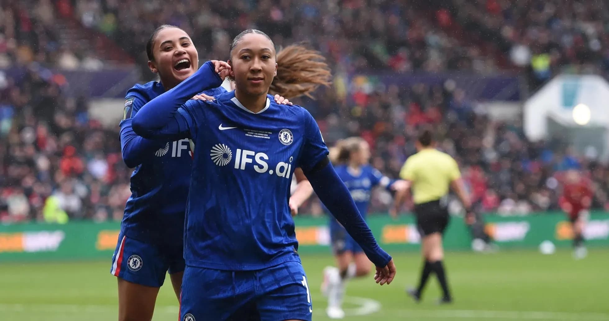 Chelsea players celebrate during a match. Chelsea players celebrate during a match.