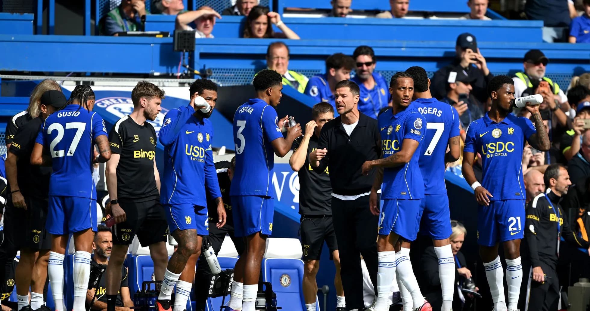 Chelsea players discussing tactics on the sidelines Chelsea players discussing tactics on the sidelines
