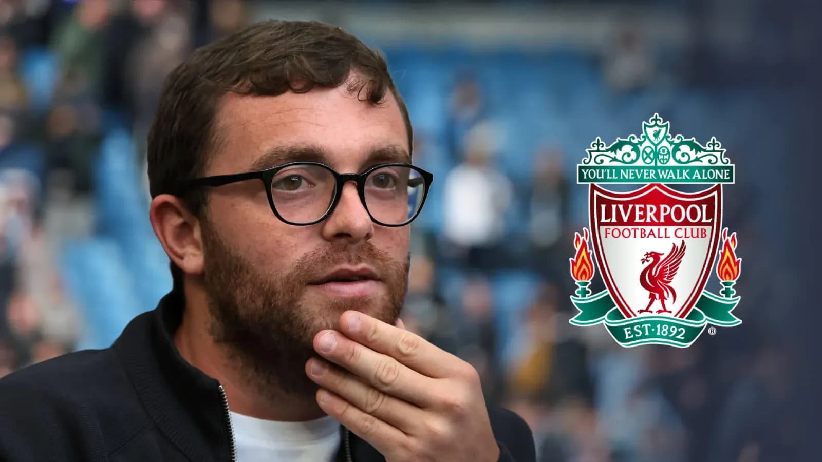 Person thinking with Liverpool FC logo in background Person thinking with Liverpool FC logo in background