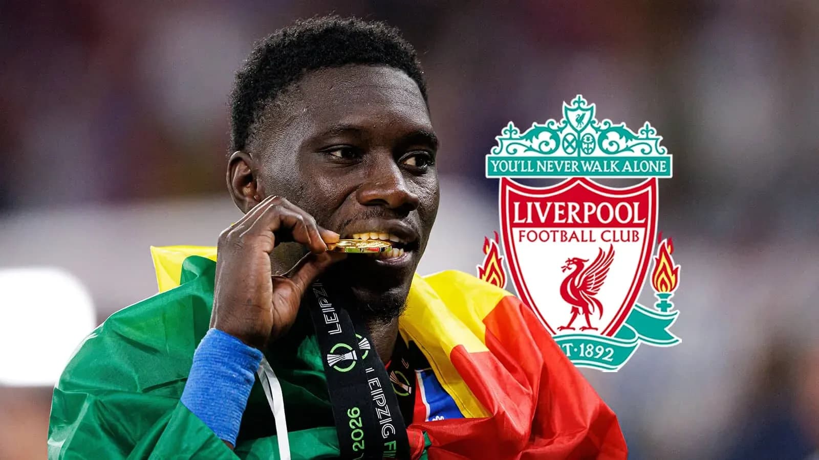 Player celebrating with medal and national flag Player celebrating with medal and national flag